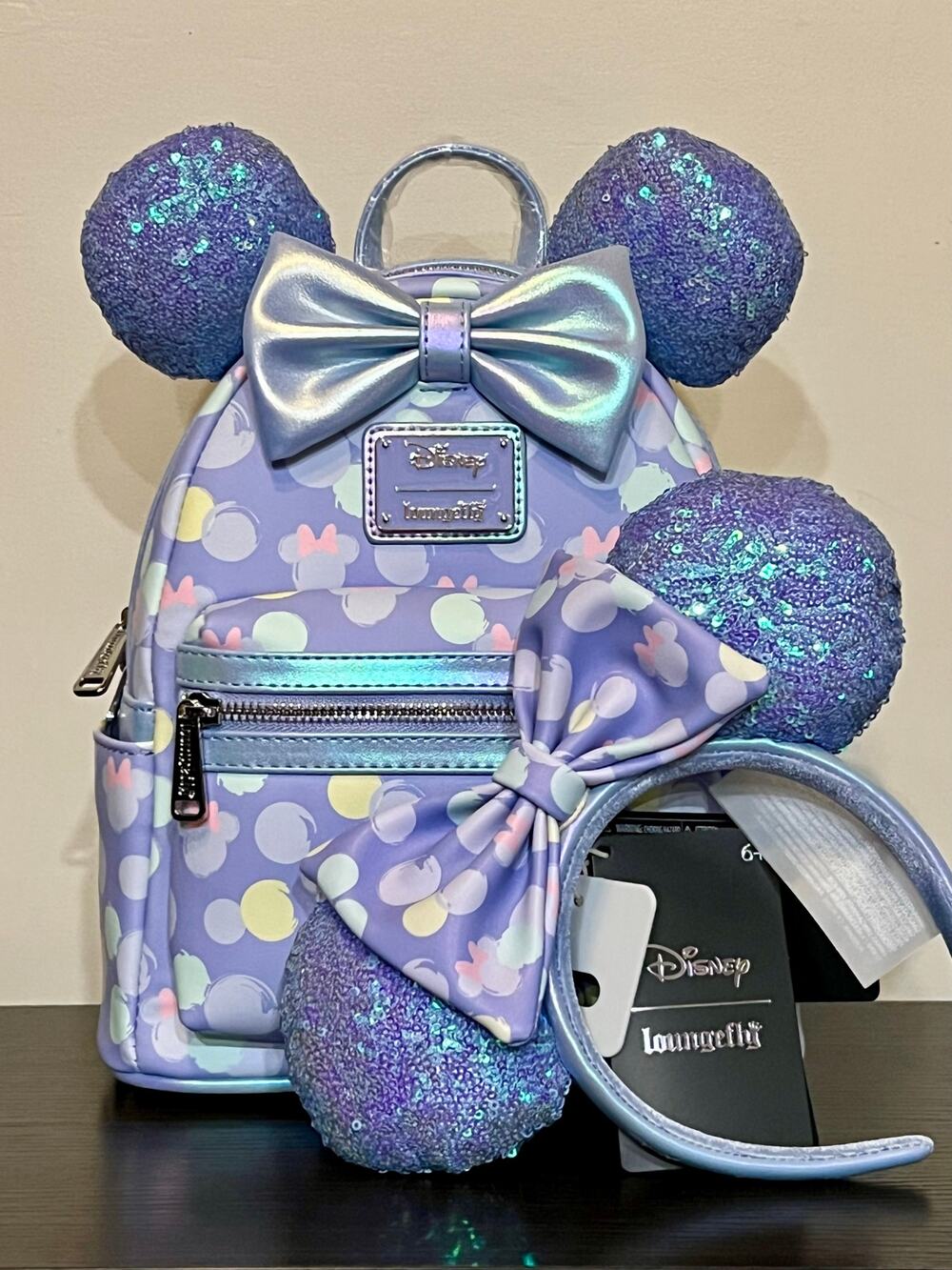 Loungefly Minnie Mouse Iridescent Blue Sequin Mini Backpack Ears